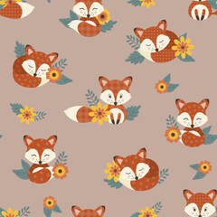 Obraz premium Seamless pattern with cute foxies and floral elements. Vector illustration.
