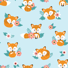 Obraz premium Seamless pattern with cute foxies and floral elements. Vector illustration.