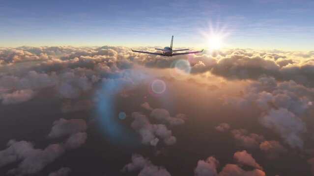 Generic small private airplane flying above clouds at sunset. Aerial view of a plane with one propeller engine traveling above the ocean.