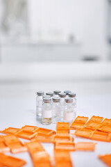 Close-up. Flasks with samples in the laboratory. Pharmacology