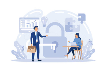 Business solution. Teamwork achievement. Cooperation concept. Group of men and women carries key to the keyhole. Vector illustration flat design. Effective work. Direction to success.