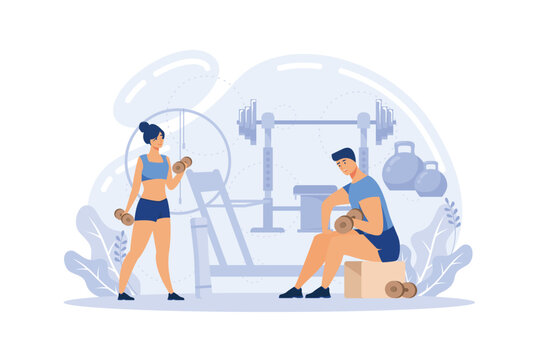 Fitness trainer concept. Workout in the gym with professional athlete. Healthy and active lifestyle. Training and nutrition plan.