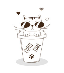Cute vector little kitty in sunglasses on the cup of coffee on the white background