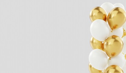 Background element for greeting card design with golden balloons. Stylish balloons on the right side. 3d rendering.