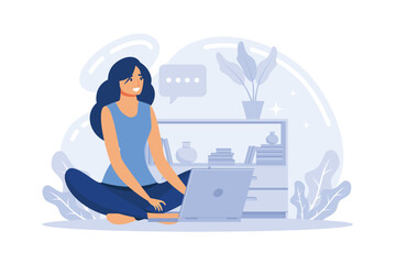 Young woman sitting on the floor and working on a laptop, freelance flat vector illustration