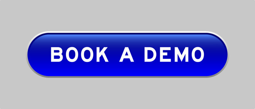 Blue color capsule shape button with word book a dmo on gray background