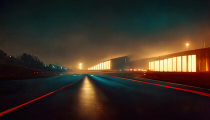 Fototapeta na wymiar Night autobahn with neon lights and light traffic. Night track, road. 3D illustration
