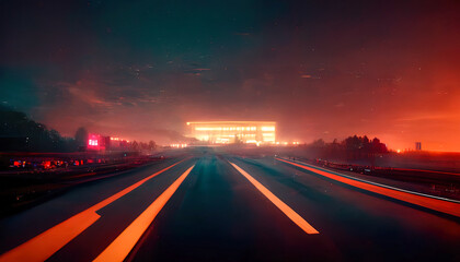 Night autobahn with neon lights and light traffic. Night track, road. 3D illustration