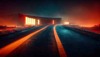 Night autobahn with neon lights and light traffic. Night track, road. 3D illustration - obrazy, fototapety, plakaty