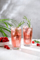 Summer refreshing non-alcoholic cocktails. Raspberry lemonade garnished with fresh rosemary. Summer raspberry beverage with sparkling water. Copy space.
