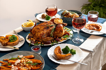 Traditional holiday dinner for celebration Thanksgiving. Baked chicken, potatoes and sides. Family party or gathering. Fall table setting. Top view table scene