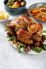 Traditional festive dishes for celebration Thanksgiving Day. Baked chicken, potatoes and sides. Top view, Flat-lay