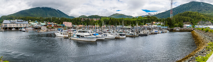 Fototapeta na wymiar A panorama view from the outer barrage across the port and marina in Ketchikan, Alaska in summertime