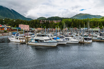 Fototapeta na wymiar A view from the outer barrage across the marina in Ketchikan, Alaska in summertime