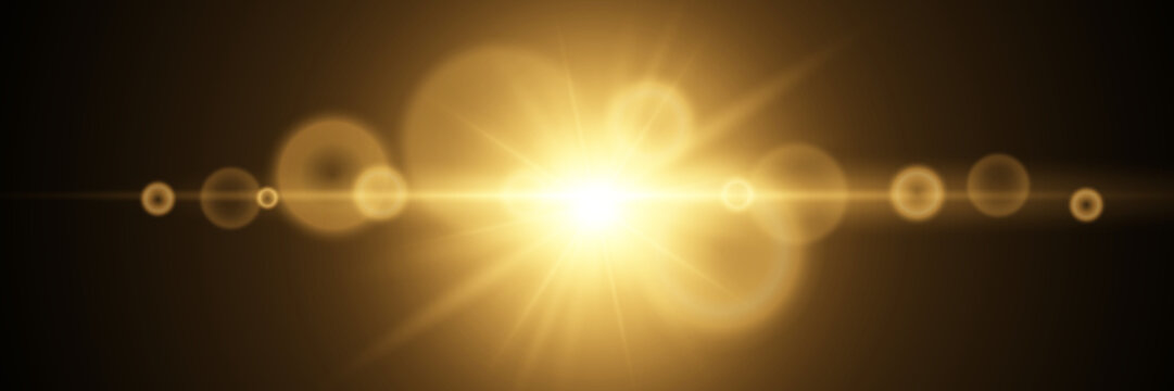 Light glowing explosion or flash. Golden sun shining rays. Stock royalty free vector illustration