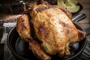 Roasted chicken on plate.