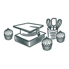 Recipes, culinary training. Confectionery illustration. Confectioner's tools. Vector illustration of books, cupcakes, confectioner's tools. Culinary education. Books, muffins, graduation cap.