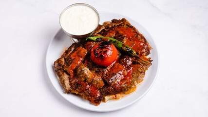 Turkish iskender doner kebab top view 