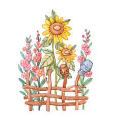 Cute watercolor illustration with a traditional Ukrainian wicker fence, sunflowers, mallows and jugs.