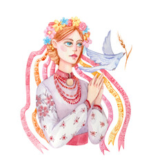 A watercolor drawing of a cute Ukrainian girl wearing a traditional embroidered shirt, a wreath with ribbons and a necklace. Ukrainian woman with a dove of peace.