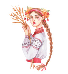 A watercolor drawing of a cute Ukrainian girl wearing a traditional embroidered shirt, a wreath with flowers and a necklace. Image of a Ukrainian woman with ears of wheat in her hands.