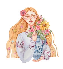 Watercolor illustration with a Ukrainian woman dressed in a traditional embroidered shirt and holding a jug of flowers.