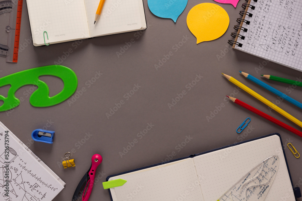 Poster student learn workplace and school supplies on table background. study concept idea