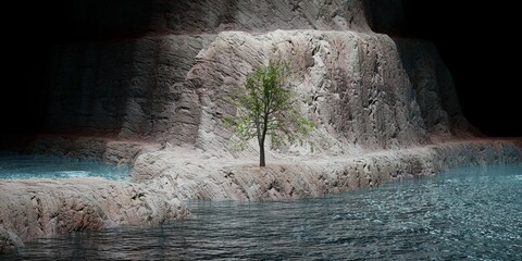 水面と岩場に立つ一本の木の3dイラストレーション