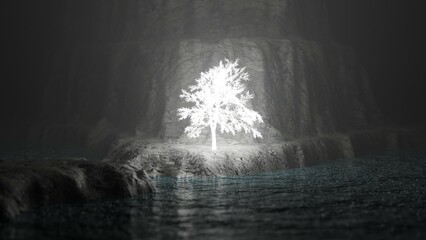 水面と岩場に立つ光る木の3dイラストレーション　