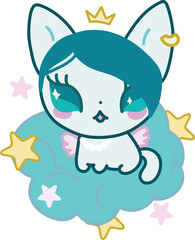 Kawaii cat princess with crown and wings on cloud among stars. Kids fairytale illustration