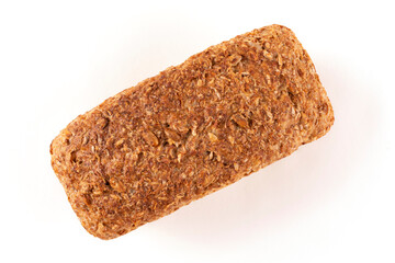 A loaf of rye whole grain bread with the addition of sprouted grain on a white isolated background. Proper nutrition. Sourdough bread, without yeast. View from above.