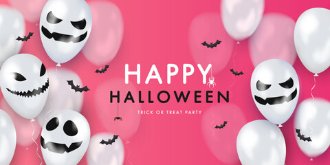 Template banner pink with 3d balloons with faces. Happy Halloween