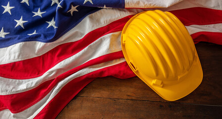 Labor day. Construction helmet and USA Flag on wood, top view. Holiday celebration
