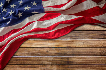 USA Flag on wood, copy space. US America holiday template, overhead