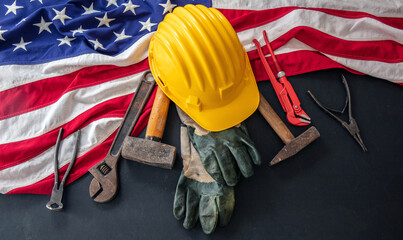 Labor Day. American flag and construction tool, above view. USA Holiday celebration
