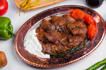 Turkish iskender doner kebab top view 