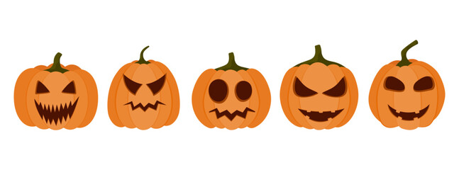 Collection pumpkin on a white background. Orange pumpkin with a smile for your Halloween design. Vector illustration.