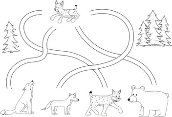 Fototapeta premium Cute maze for children. Help lynx find mum. Kids learning games. Black and white, line art. Activity page for the little ones.