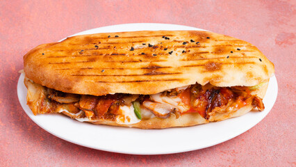 Chicken doner kebab in plate top view isolated