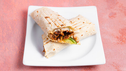 Chicken durum kebab isolated. Chicken lavash doner kebab.