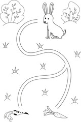 Cute maze for children. Help rabbit to find carrot. Kids learning games. Black and white, line art. Activity page for the little ones.