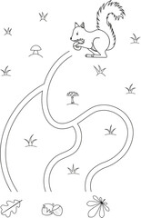 Cute maze for children. Help squirrel to find nut. Kids learning games. Black and white, line art. Activity page for the little ones.