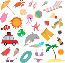 Naklejka premium Colorful beach elements such as sunglasses, palm, watermelon slice, umbrella, ice cream, waves, sand. Vector illustration.