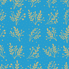 Vector seamless pattern with herbs and flowers silhouettes. Bright botanical background in Ukrainian flag colors. Hand drawn vector illustration for paper, fabric, design.
