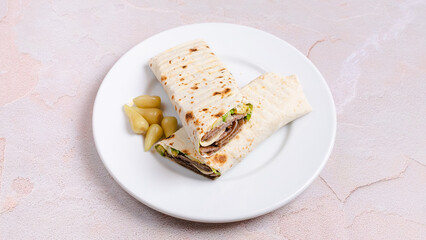 Beef durum kebab in plate. Beef lavash doner kebab
