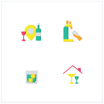 Bar flat icons set. Bar location, home party, whiskey glass and beer tap.Cocktail party and drinking establishment concept. 3d vector illustrations
