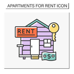 Rent color icon. Cozy wooden beach villa for lease. Summer vacation. Fixed amount of money. Apartment for rent concept. Isolated vector illustration