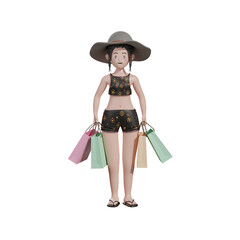 Female shopping with tote bag, summer 3d Illustration