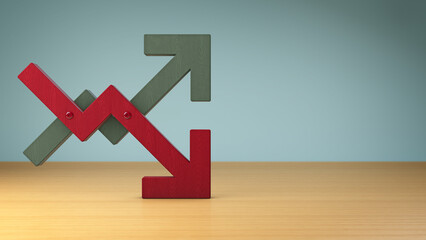 Green up arrow and red down arrow isolated on background. Financial, investment, business sales success, loss, mixed concept. 3D illustration render.
