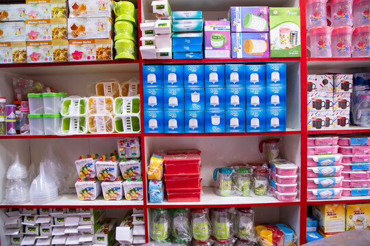 Colorful Varieties Plastic houseware products on the supermarket Shelf